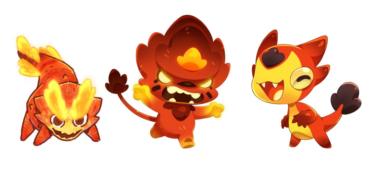 火山地域の新Hântuとみられる炎をまとった3体のキャラクターイラスト