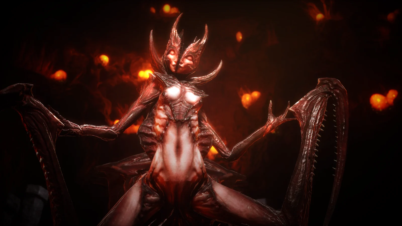INFERIUSに登場する、二つの顔と角を持つ異形の敵キャラクター「Arachneia」