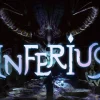 ホラーデッキ構築ゲーム『INFERIUS』のキービジュアル。悪魔とタイトルロゴ