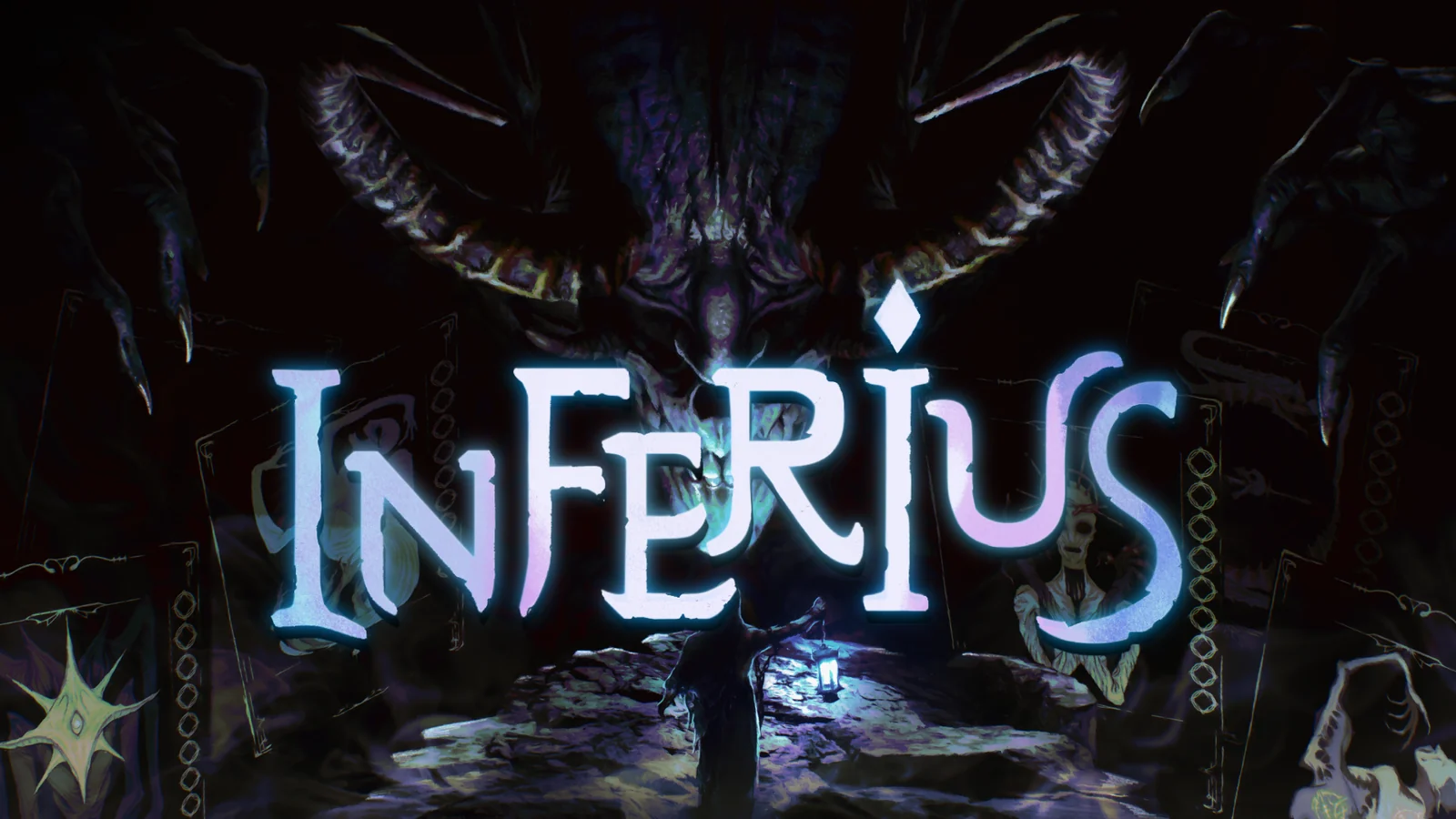 ホラーデッキ構築ゲーム『INFERIUS』のキービジュアル。悪魔とタイトルロゴ