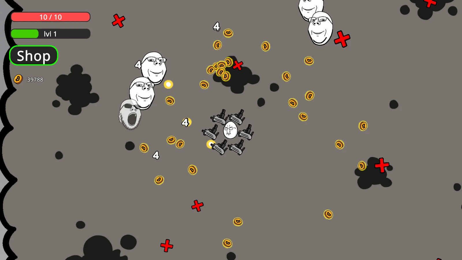Solo Chuddingのプレイ画面。卵型の主人公が銃で敵の群れと戦う