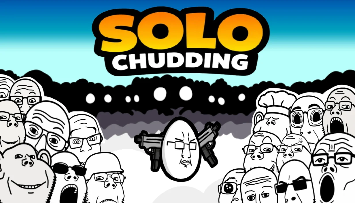 『Solo Chudding』キービジュアル。二丁拳銃を持つ卵と押し寄せるSoyjakの群れ