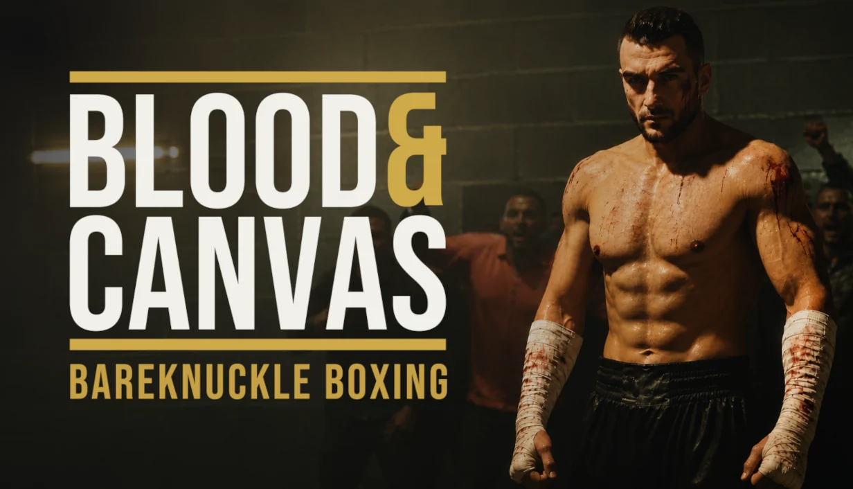 『Blood & Canvas: Bareknuckle Boxing』のキービジュアル。傷を負い拳に包帯を巻いたボクサーとタイトルロゴ