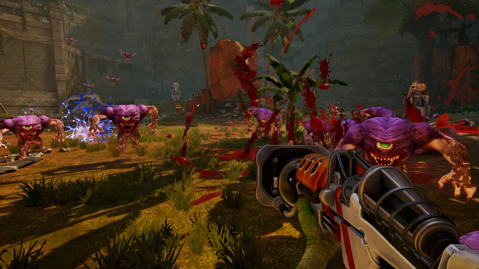 『Serious Sam: Shatterverse』のプレイ画面。紫の一つ目の敵の群れに銃を構える一人称視点