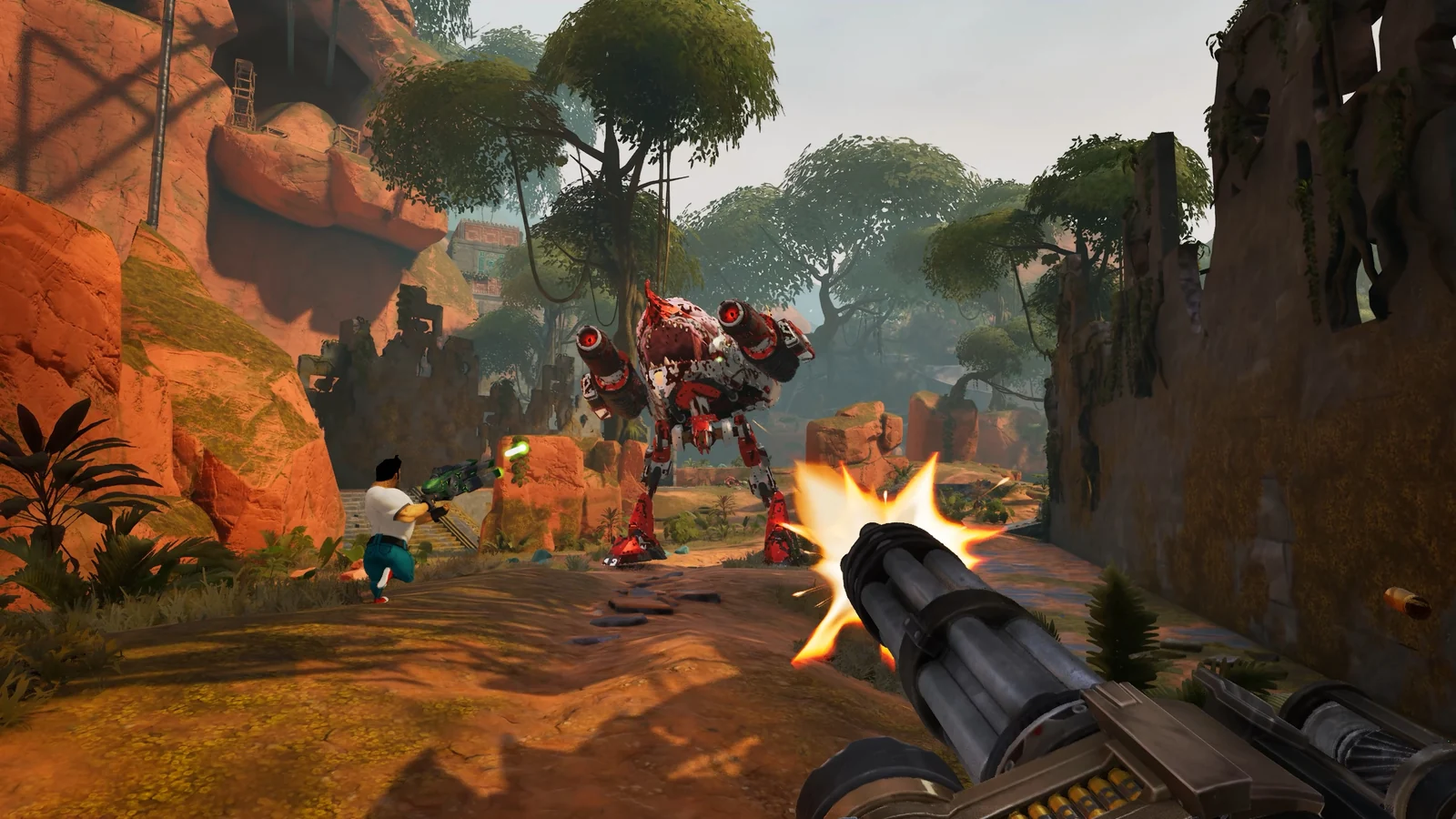 『Serious Sam: Shatterverse』のゲームプレイ画面。ミニガンで赤い巨大ロボットと戦う場面