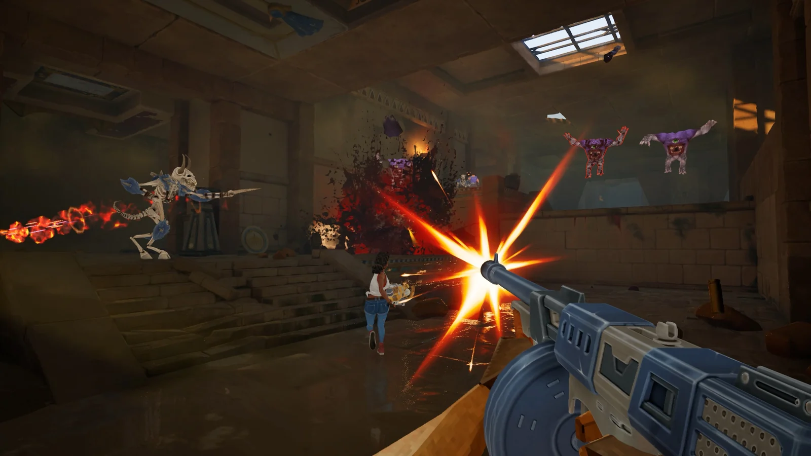 『Serious Sam: Shatterverse』遺跡で機関銃を撃ち敵と戦う一人称視点のゲーム画面
