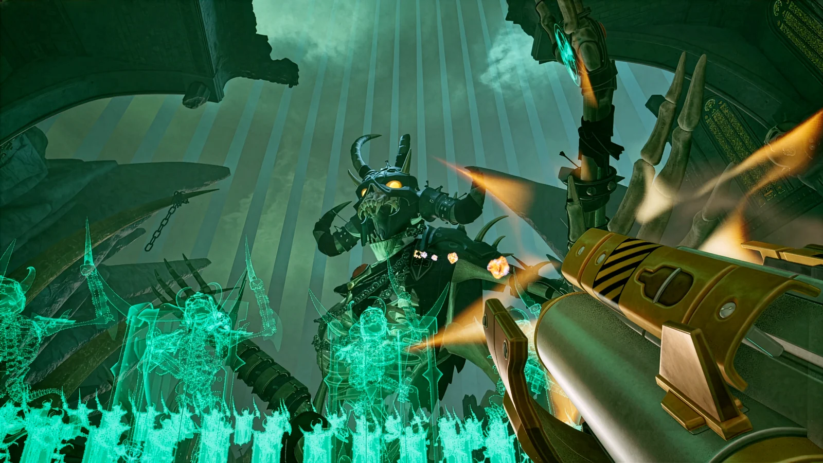 『Serious Sam: Shatterverse』のゲーム画面。武器を撃ち、角のある骸骨の敵と対峙する