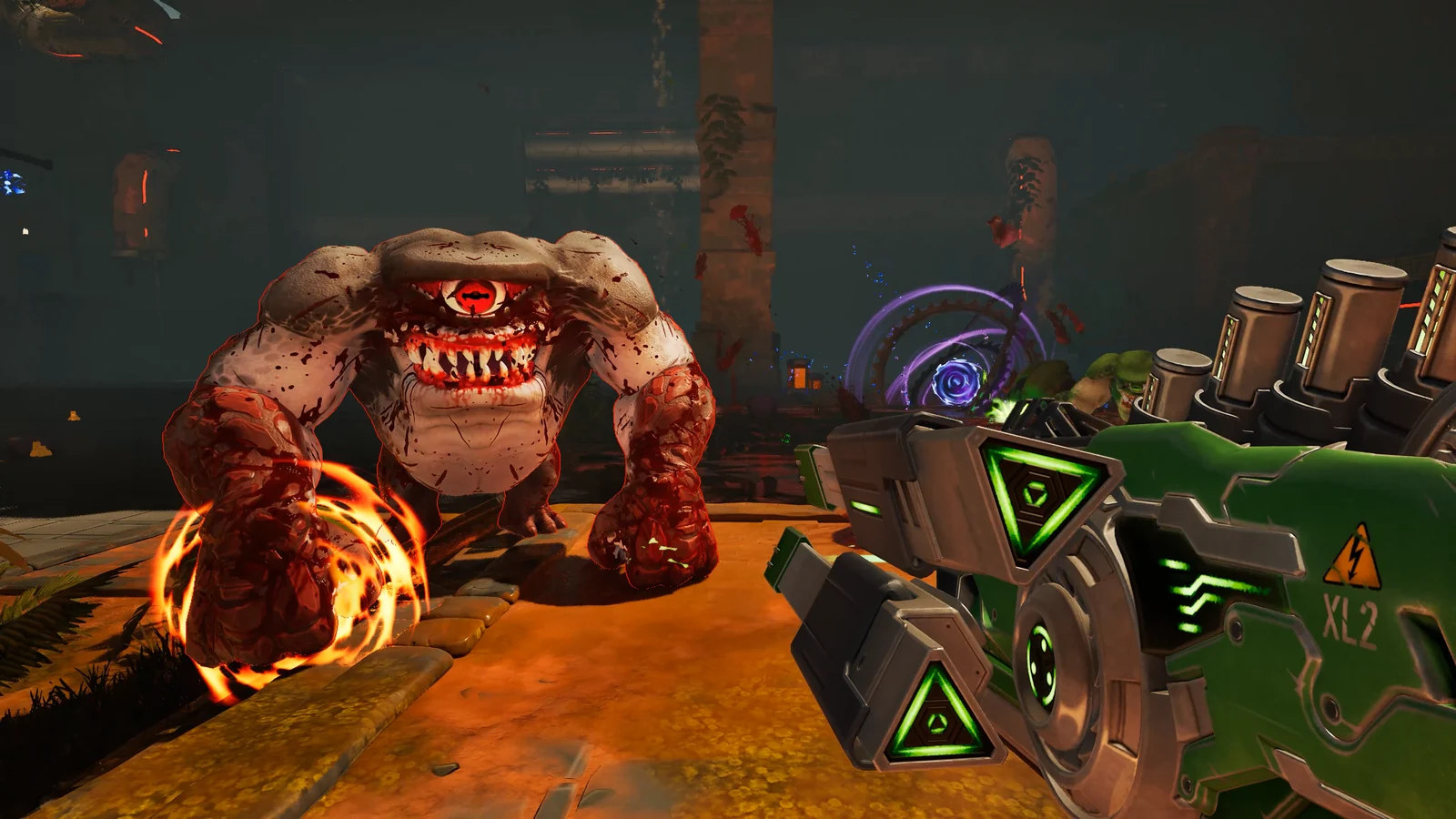 『Serious Sam: Shatterverse』のゲーム画面。一つ目の巨大な怪物と対峙する一人称視点