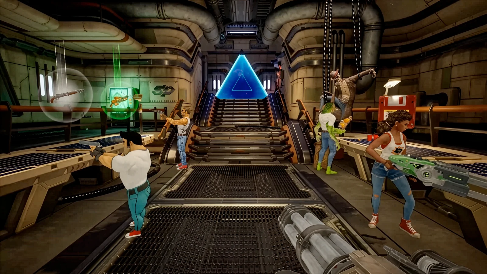 『Serious Sam: Shatterverse』の協力プレイ中のゲーム画面。複数のサムが武器を構える