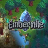 ピクセルアート風ゲーム『Emberville』のキービジュアル。玉座、青い結晶、森とタイトルロゴ