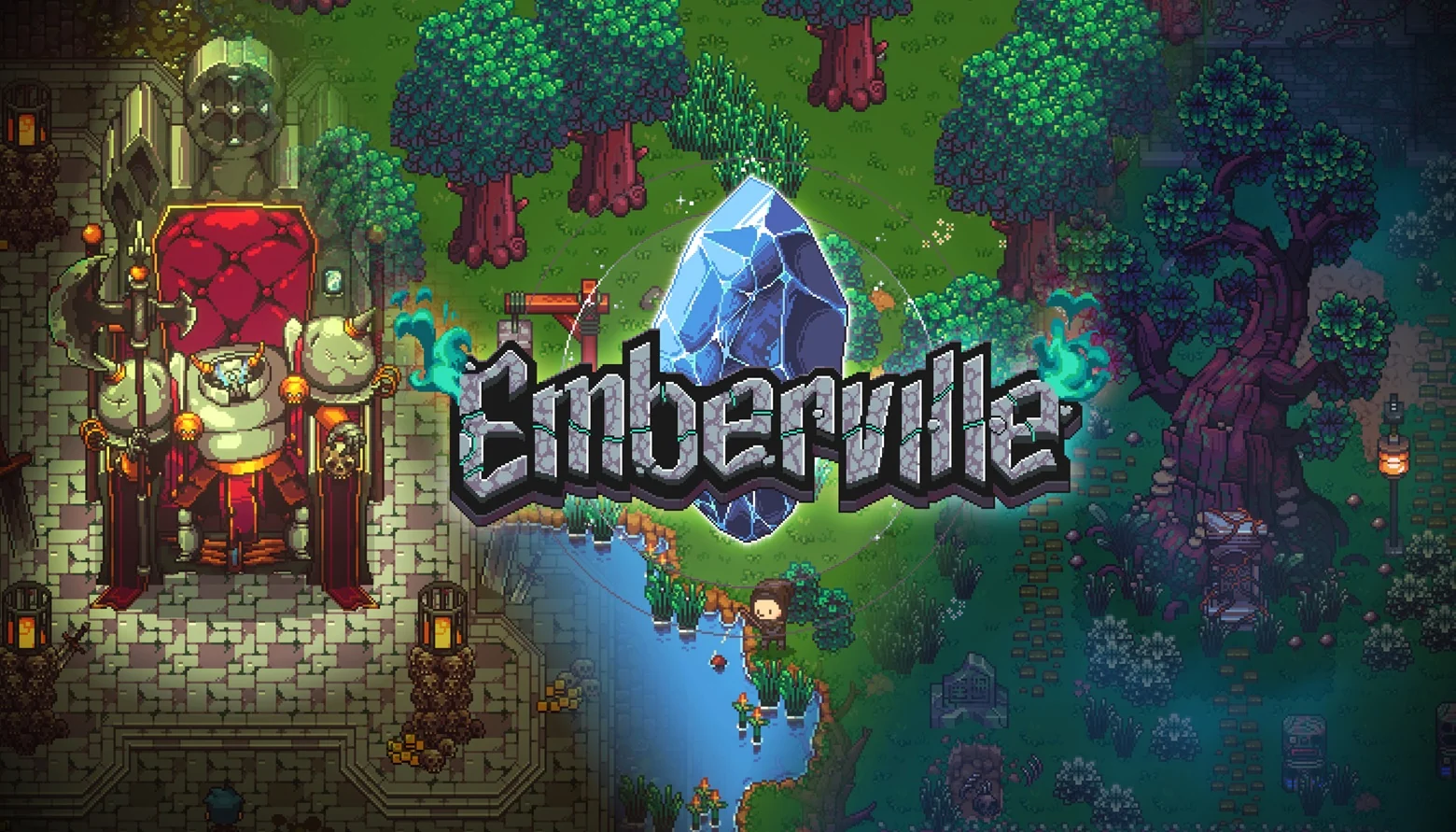 ピクセルアート風ゲーム『Emberville』のキービジュアル。玉座、青い結晶、森とタイトルロゴ