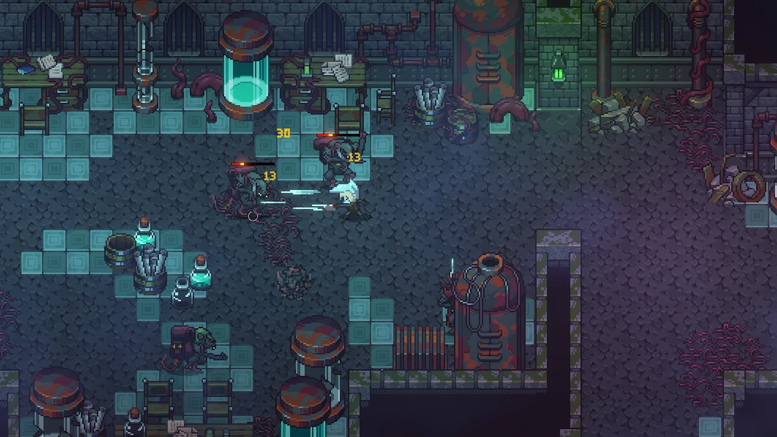 Emberville のゲーム画面。ドット絵のダンジョンで敵と戦闘する場面