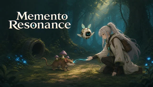 『Memento Resonance』キーアート。森で少女がキノコを背負ったモンスターと共鳴する場面