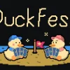 『Duck Fest』キービジュアル。旗を挟んでカードを持つ2羽のアヒルのドット絵
