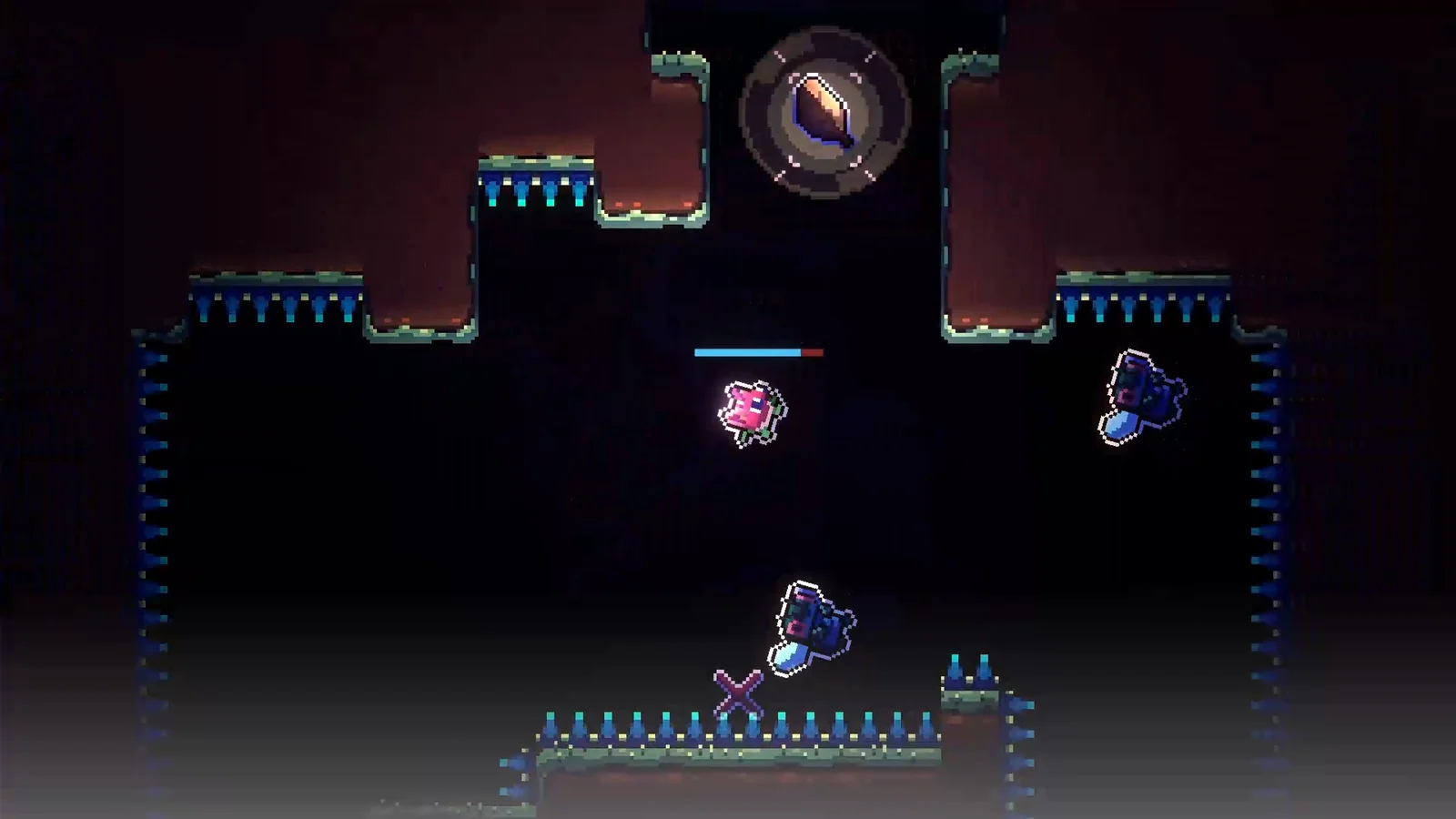 『重力反転された』のゲームプレイ画面。暗い洞窟でピンクのキャラが敵とトゲの間を進む