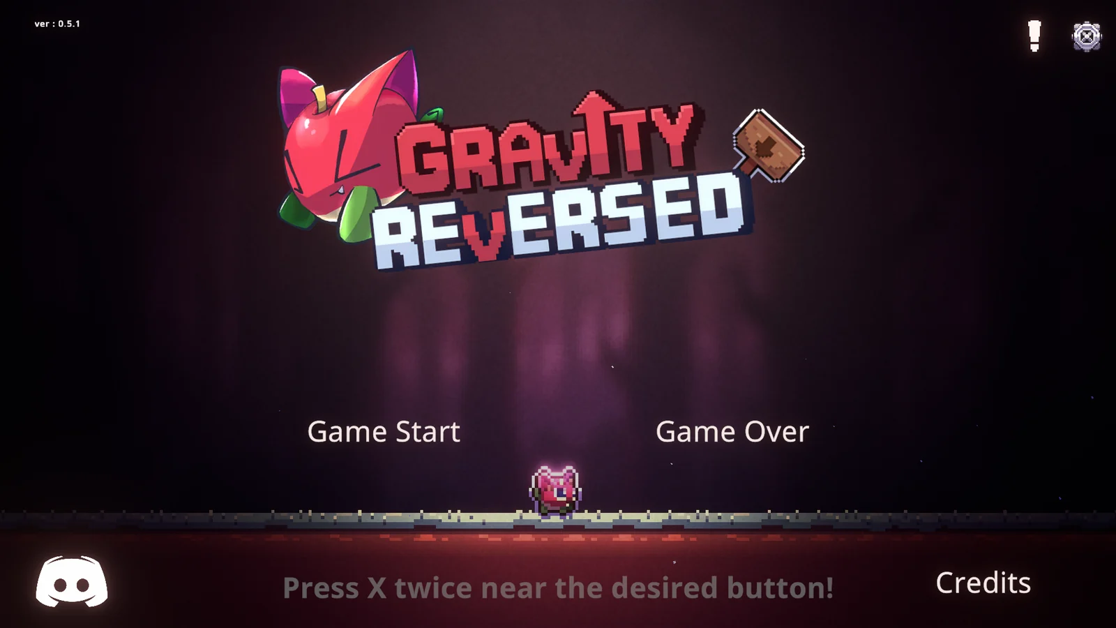 『重力反転された(Gravity Reversed)』のタイトル画面。ピクセルアートのロゴとキャラクター