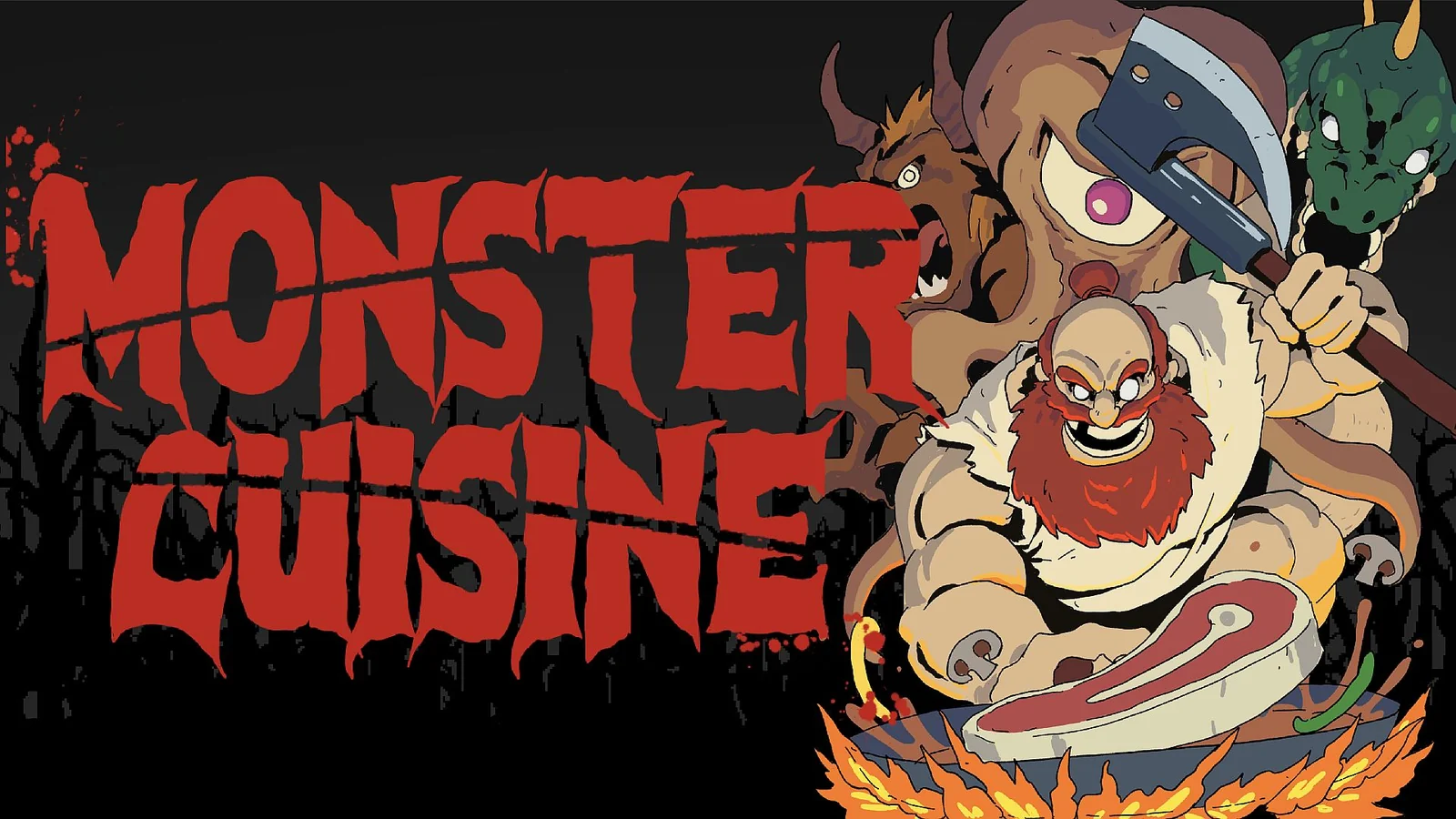 『Monster Cuisine』のキービジュアル。斧を持つ料理人とモンスターたち、炎の上の肉