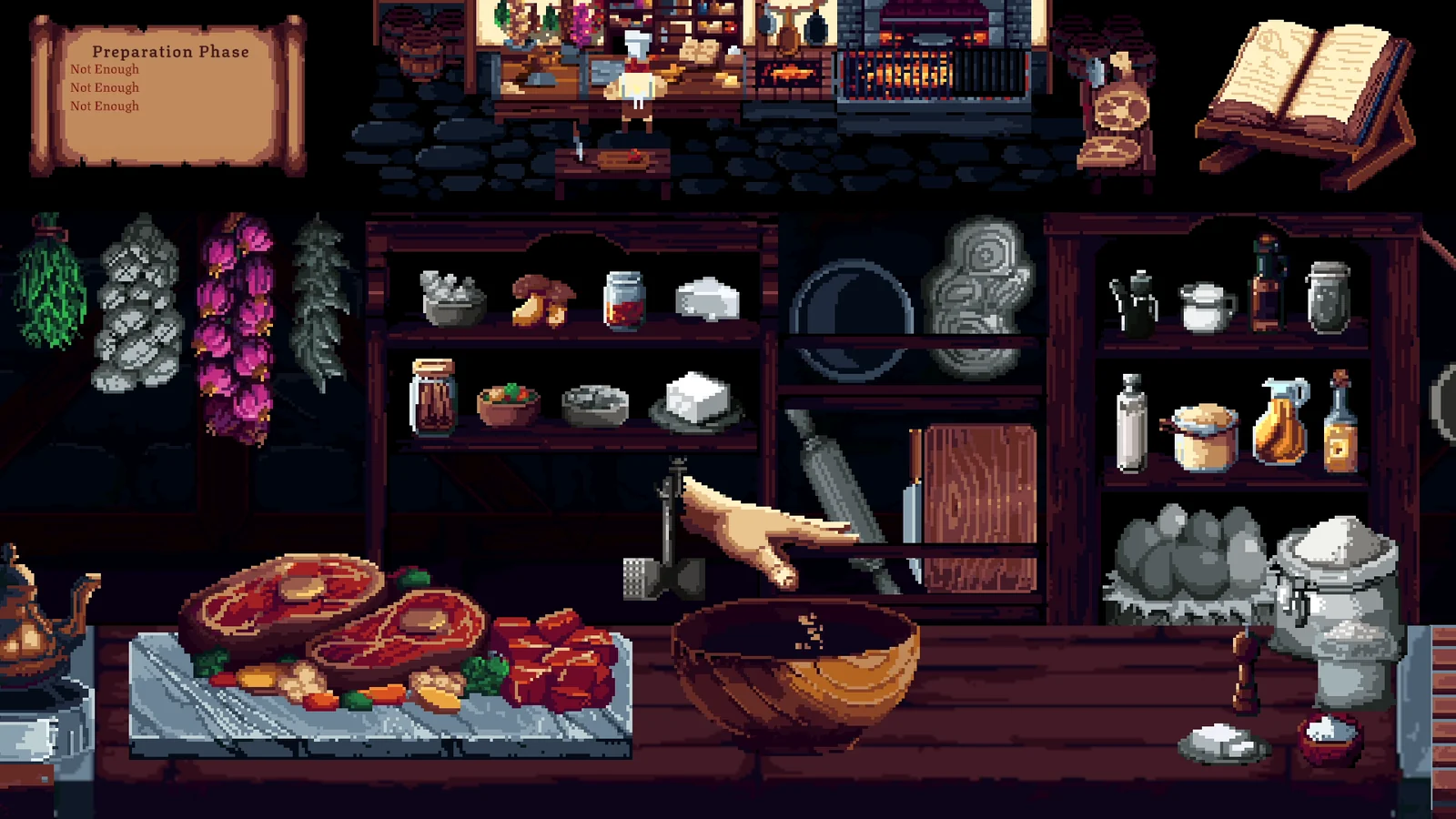 Monster Cuisineの料理準備フェーズを示すドット絵の厨房ゲーム画面