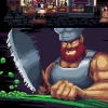 『Monster Cuisine』のドット絵。大包丁で食材を刻む赤髭の筋肉質なシェフと酒場の厨房
