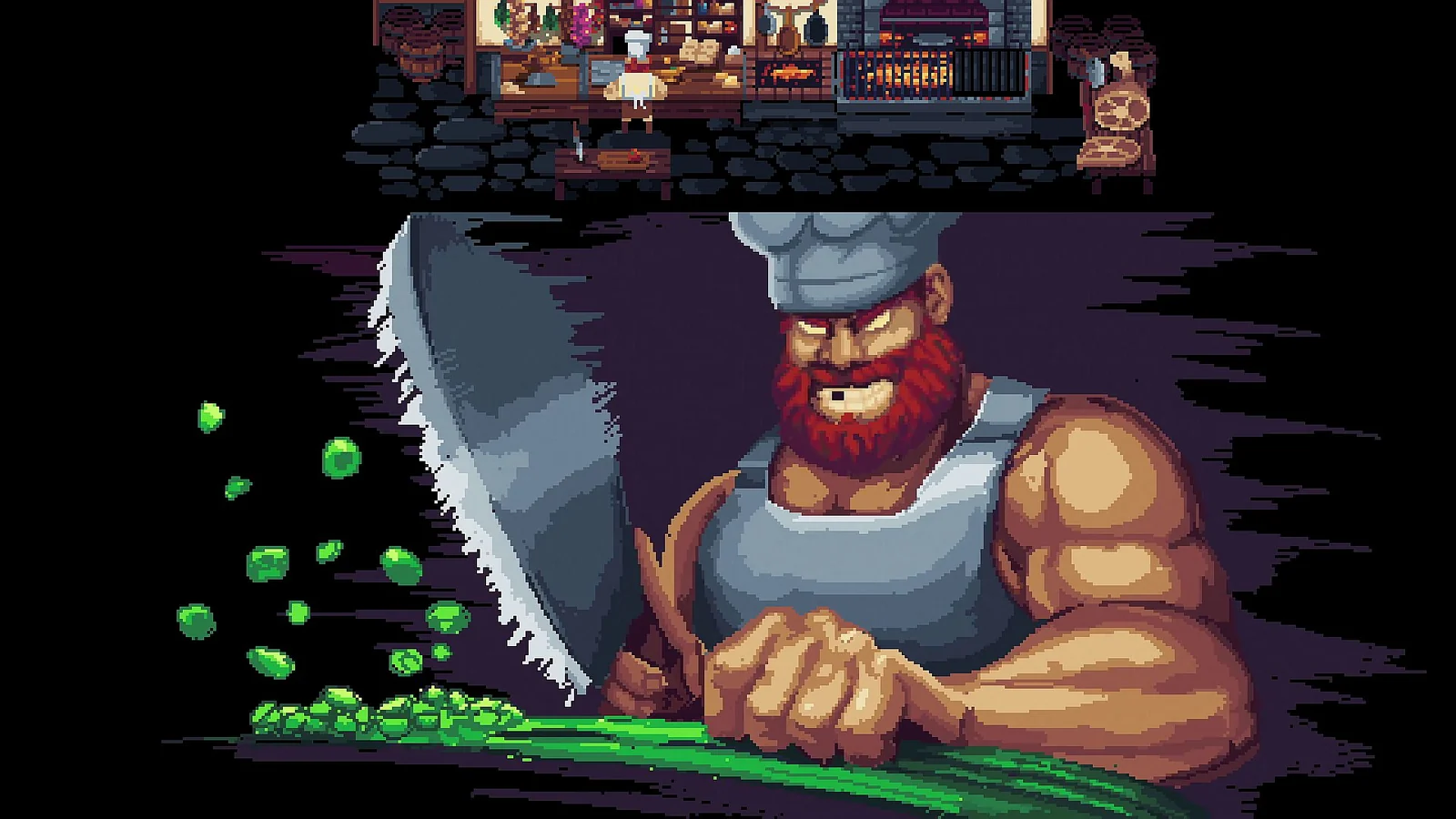 『Monster Cuisine』のドット絵。大包丁で食材を刻む赤髭の筋肉質なシェフと酒場の厨房
