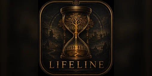 砂時計と黄金の大樹を描いた、ブラウザゲーム「LIFELINE」のキービジュアル