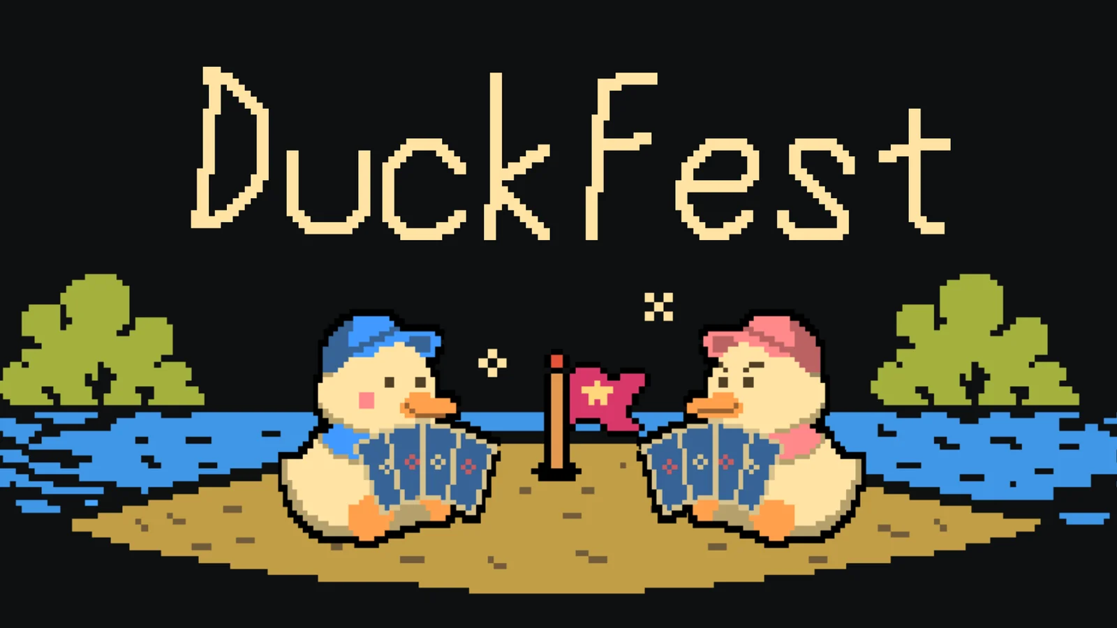 ドット絵のアヒル2羽がトランプを手に旗を挟んで向かい合う『Duck Fest』キービジュアル