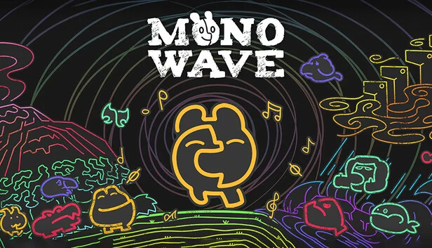 『MONOWAVE』のキービジュアル。黒背景にロゴと線画の守護精霊モノ、カラフルな仲間たち