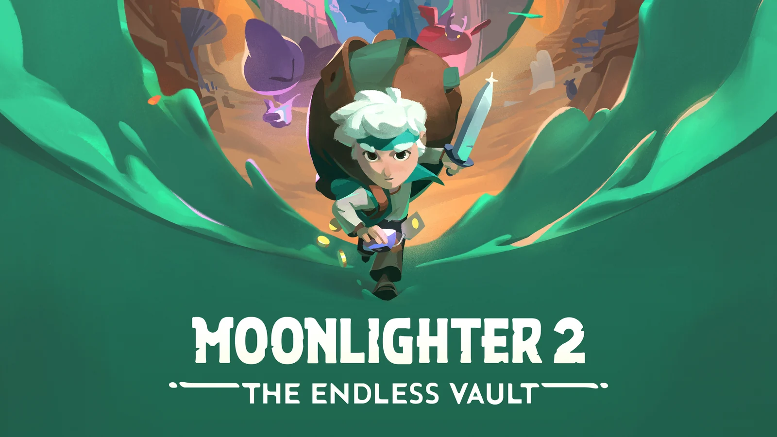 『Moonlighter 2: The Endless Vault』のキーアート。剣を持つ主人公が洞窟を駆ける