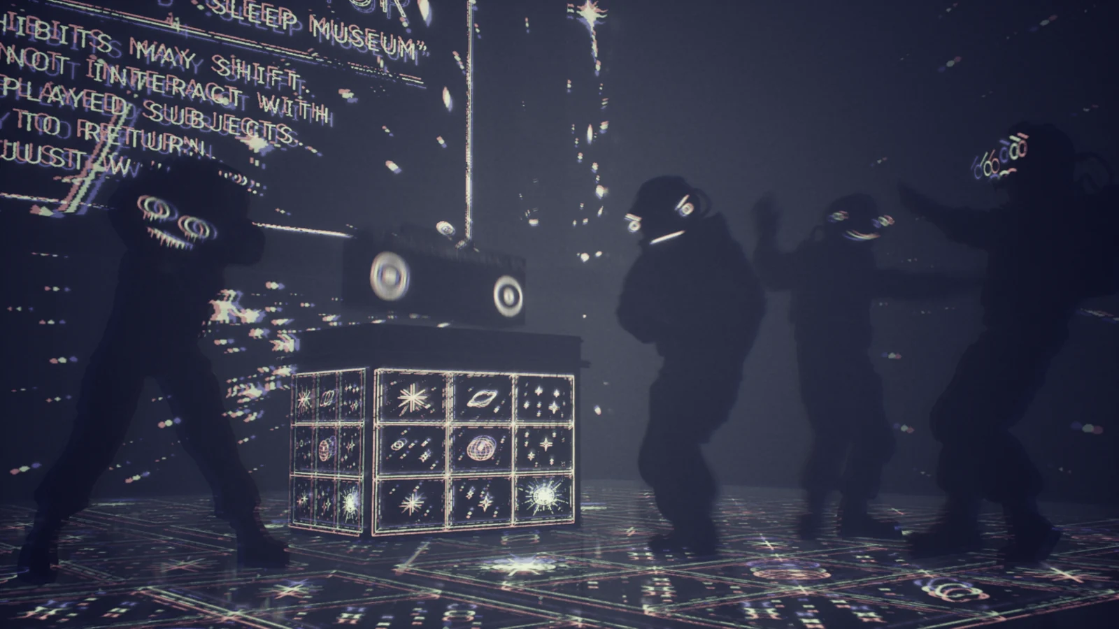 暗いダンスフロアで影の人物たちが光る立方体の周りで踊るNIFLANDのゲーム画面