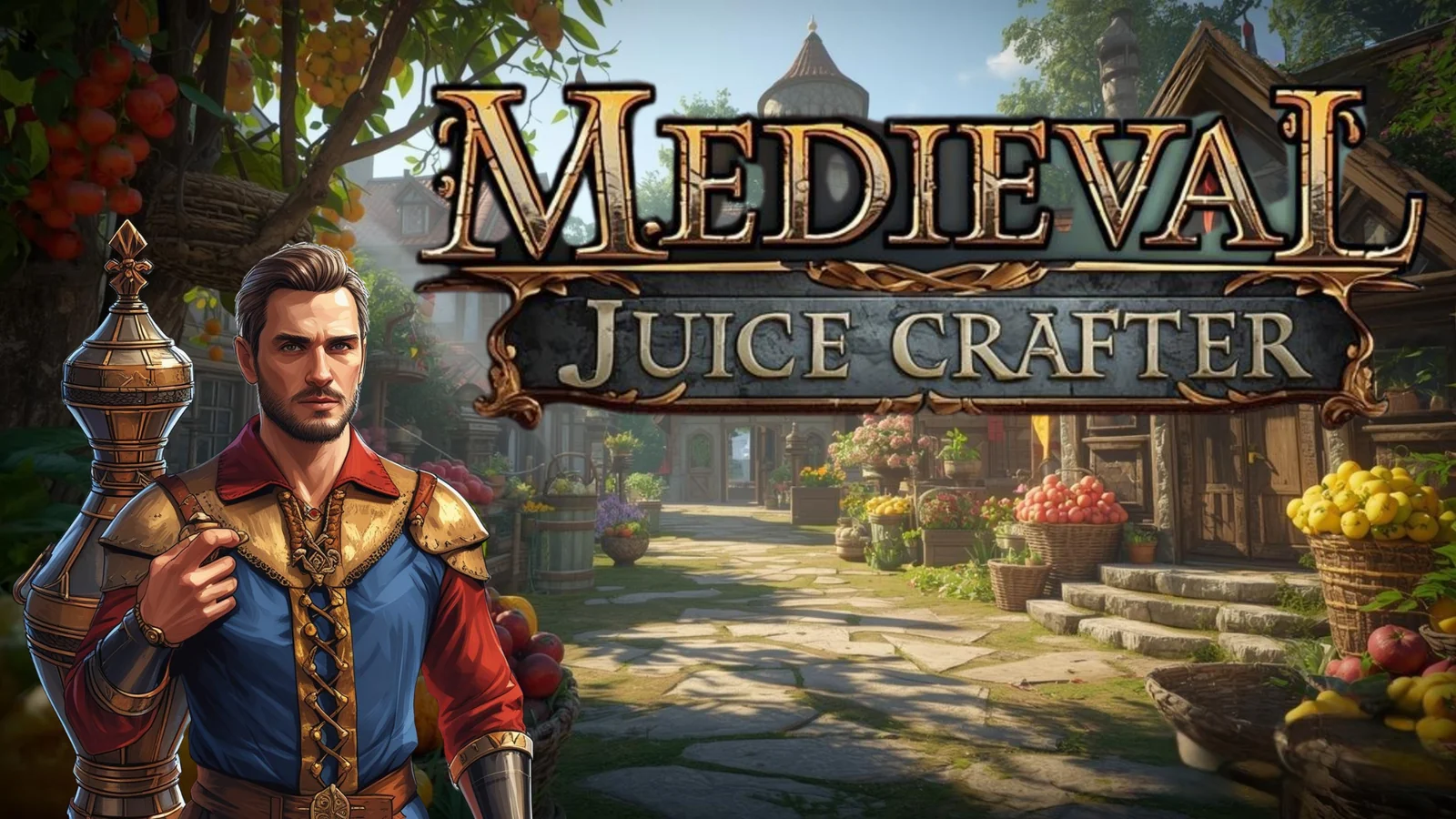 中世の村を背景に、果汁職人の男性とタイトルロゴを描いた『Medieval Juice Crafter』キービジュアル