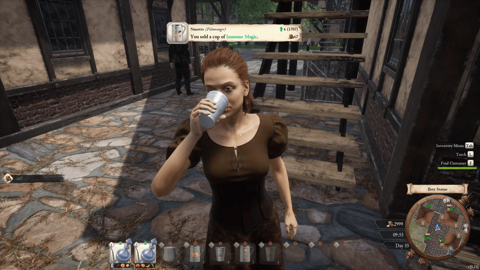 中世の村で女性客がジュースを飲む『Medieval Juice Crafter』のゲーム画面