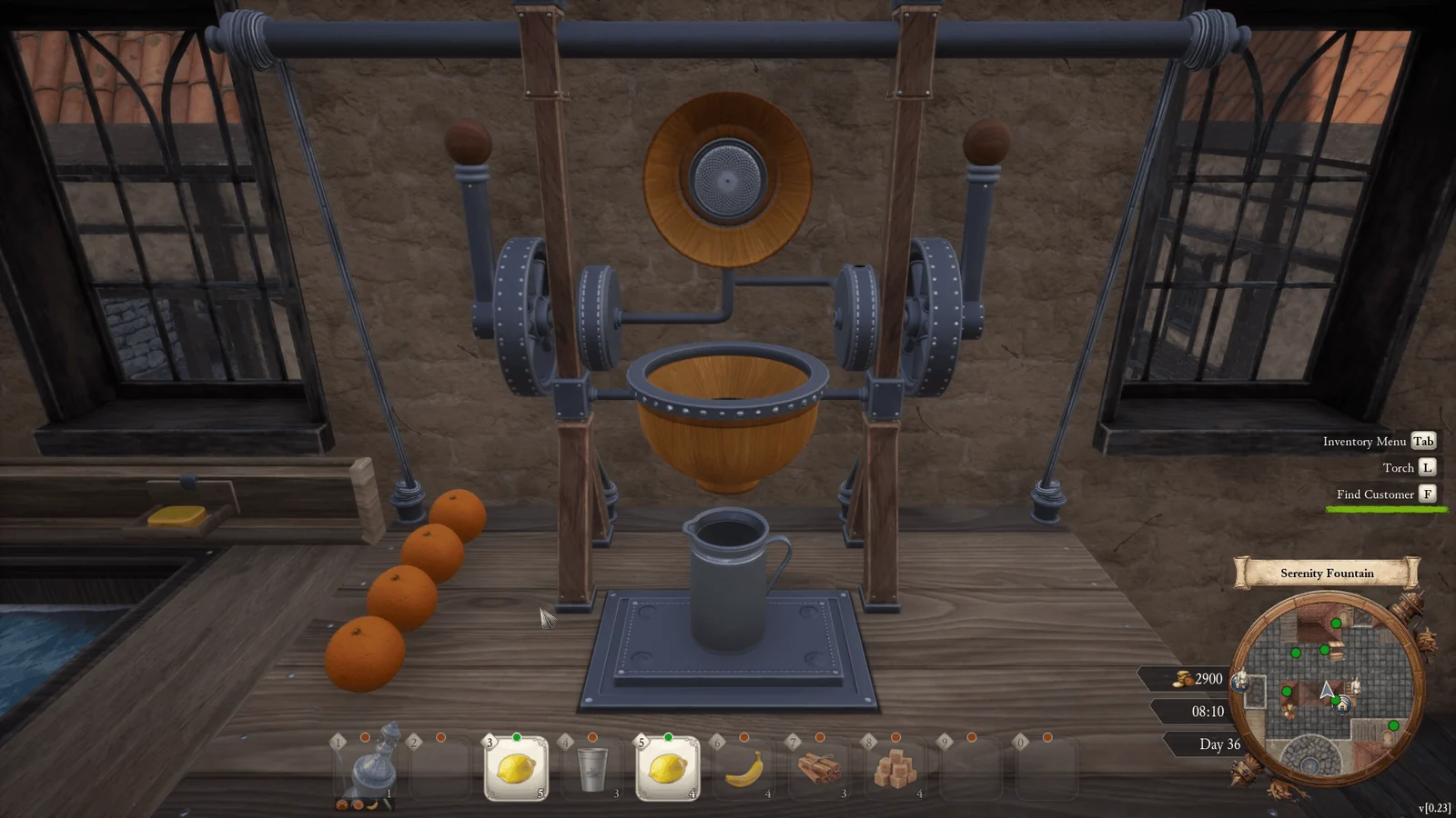 Medieval Juice Crafterのゲーム画面。搾り機でジュースを作る場面