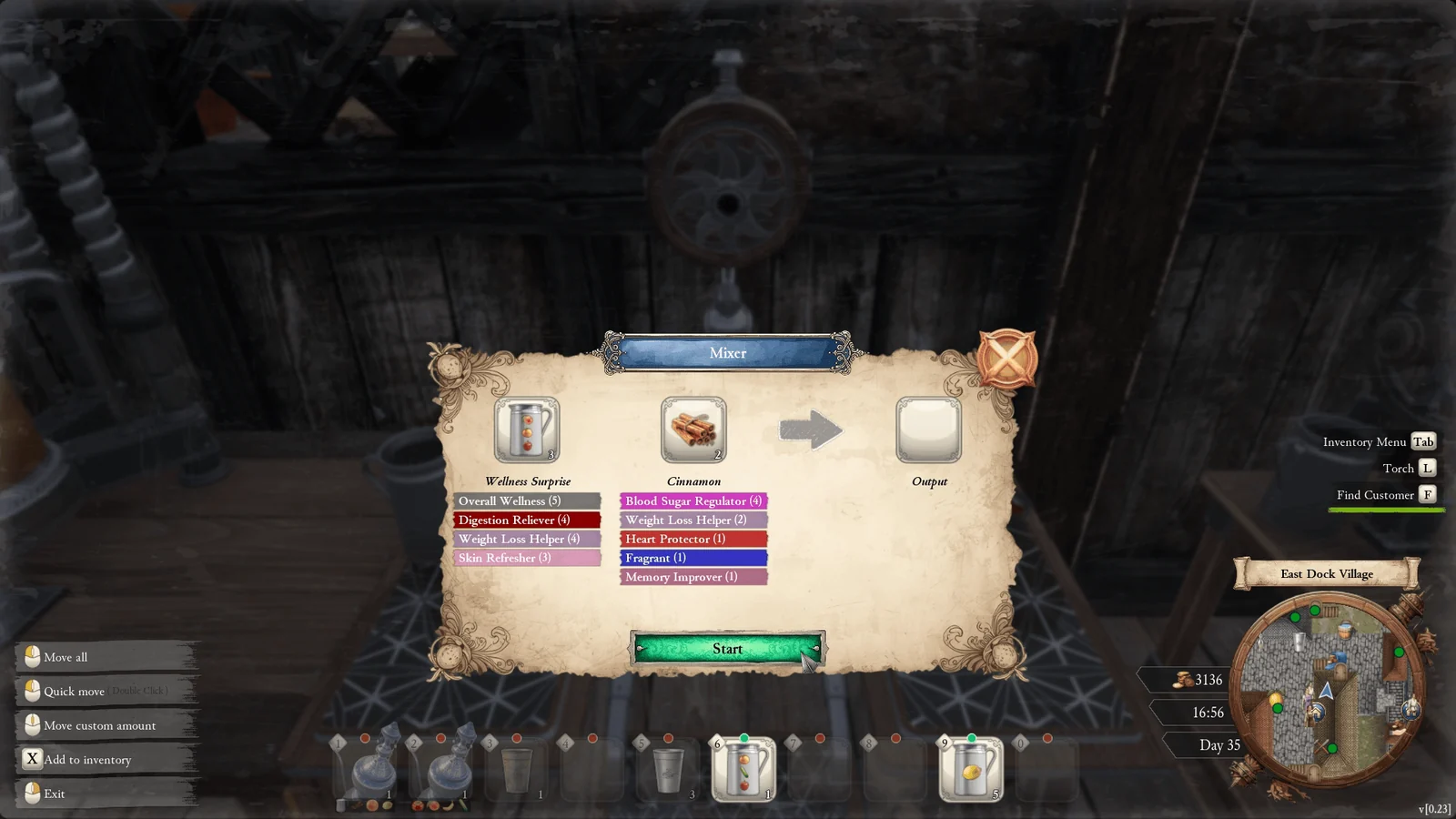 Medieval Juice Crafterのミキサー画面。ジュースとシナモンを混ぜる調合UI