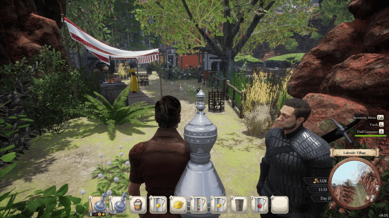 『Medieval Juice Crafter』のゲーム画面。レイクサイド村で2人のキャラクターが立つ場面