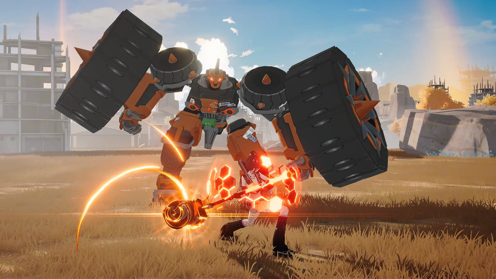 Ved: Recureのゲーム画面。巨大タイヤ腕のロボットボスと光る武器で戦うキャラクター