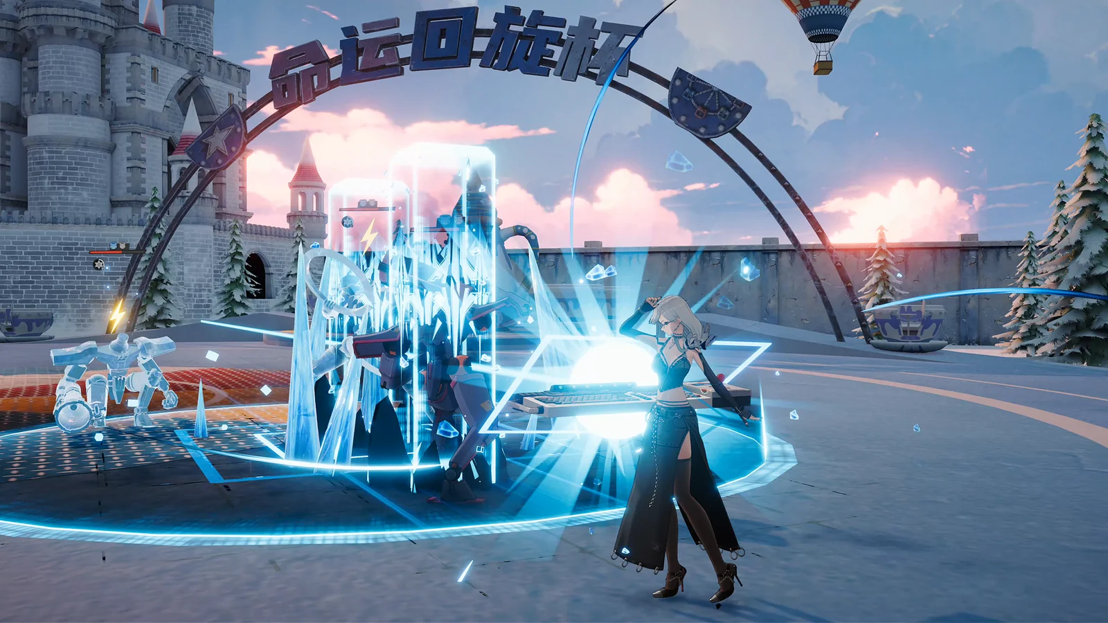 Ved: Recureのゲーム画面。女性キャラクターが氷と光の技で戦う場面