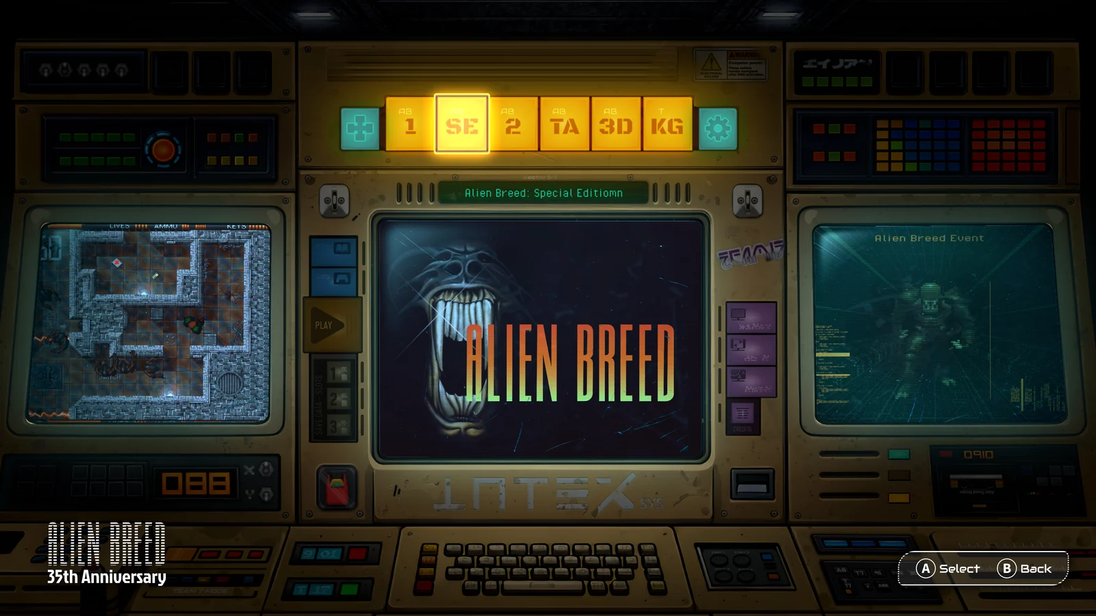 アーカイブ風メニュー画面に表示された『Alien Breed 35th Anniversary』のゲーム画面