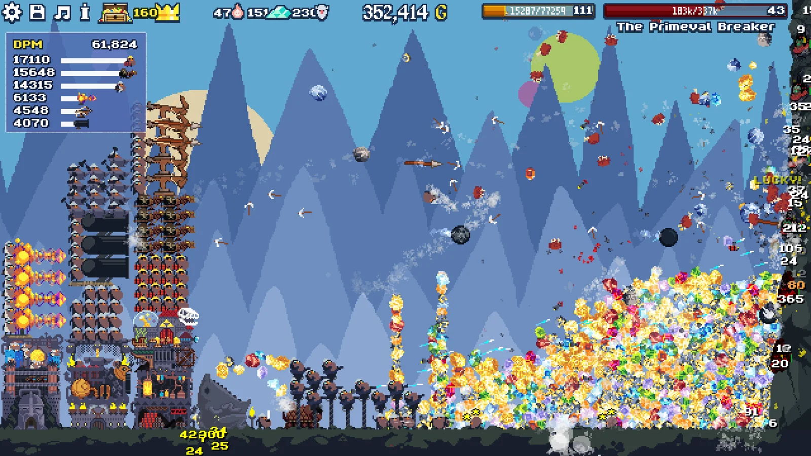 『山食いドワーフ』のゲーム画面。塔や兵器で山の宝を掘り崩す場面