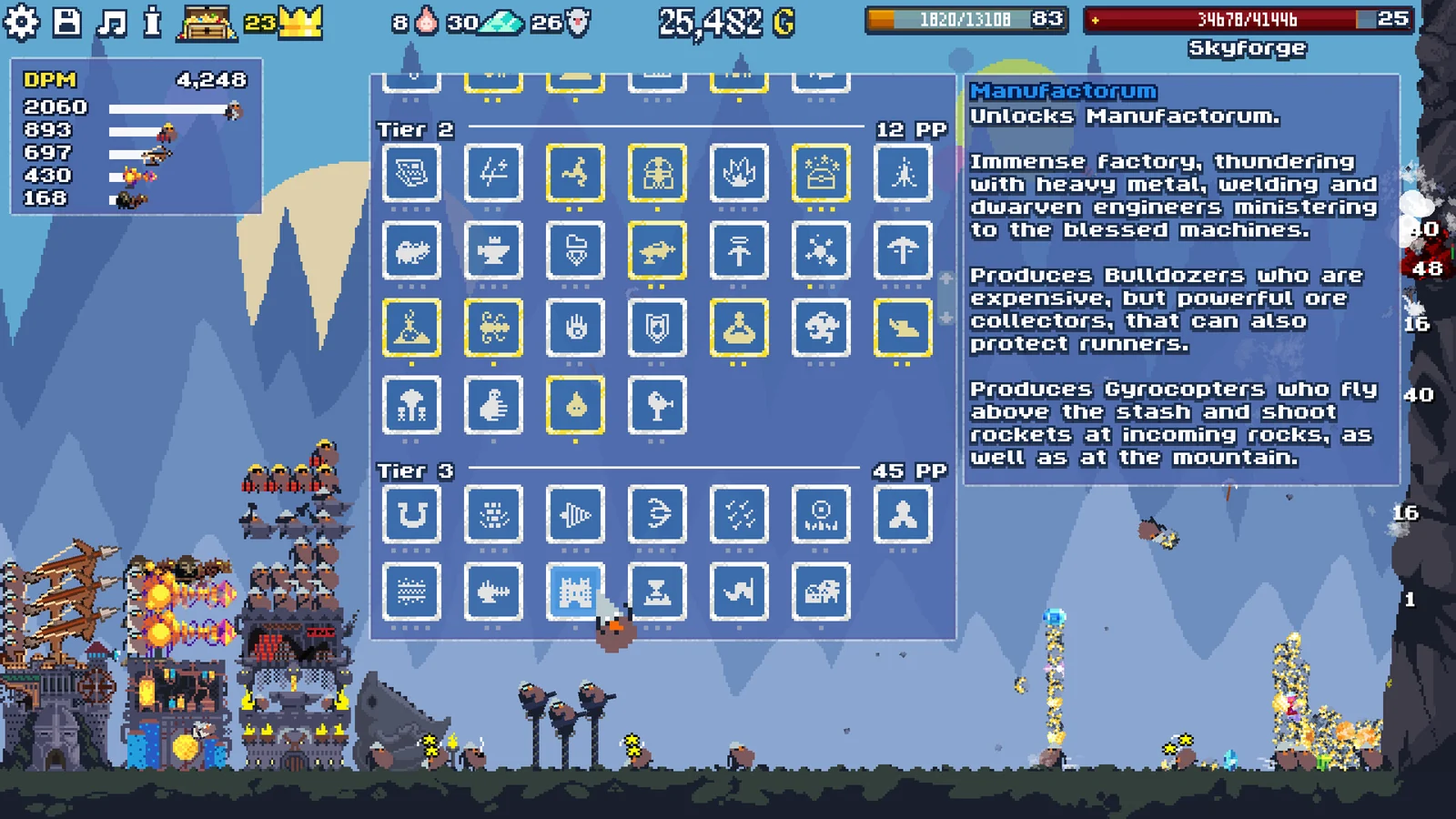 山食いドワーフのゲーム画面。アップグレード一覧とManufactorumの解説が表示されている