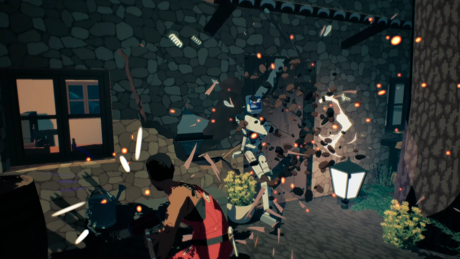 『Virtue and a Sledgehammer』のゲーム画面。石造りの家の壁が砕けロボットが吹き飛ぶ場面