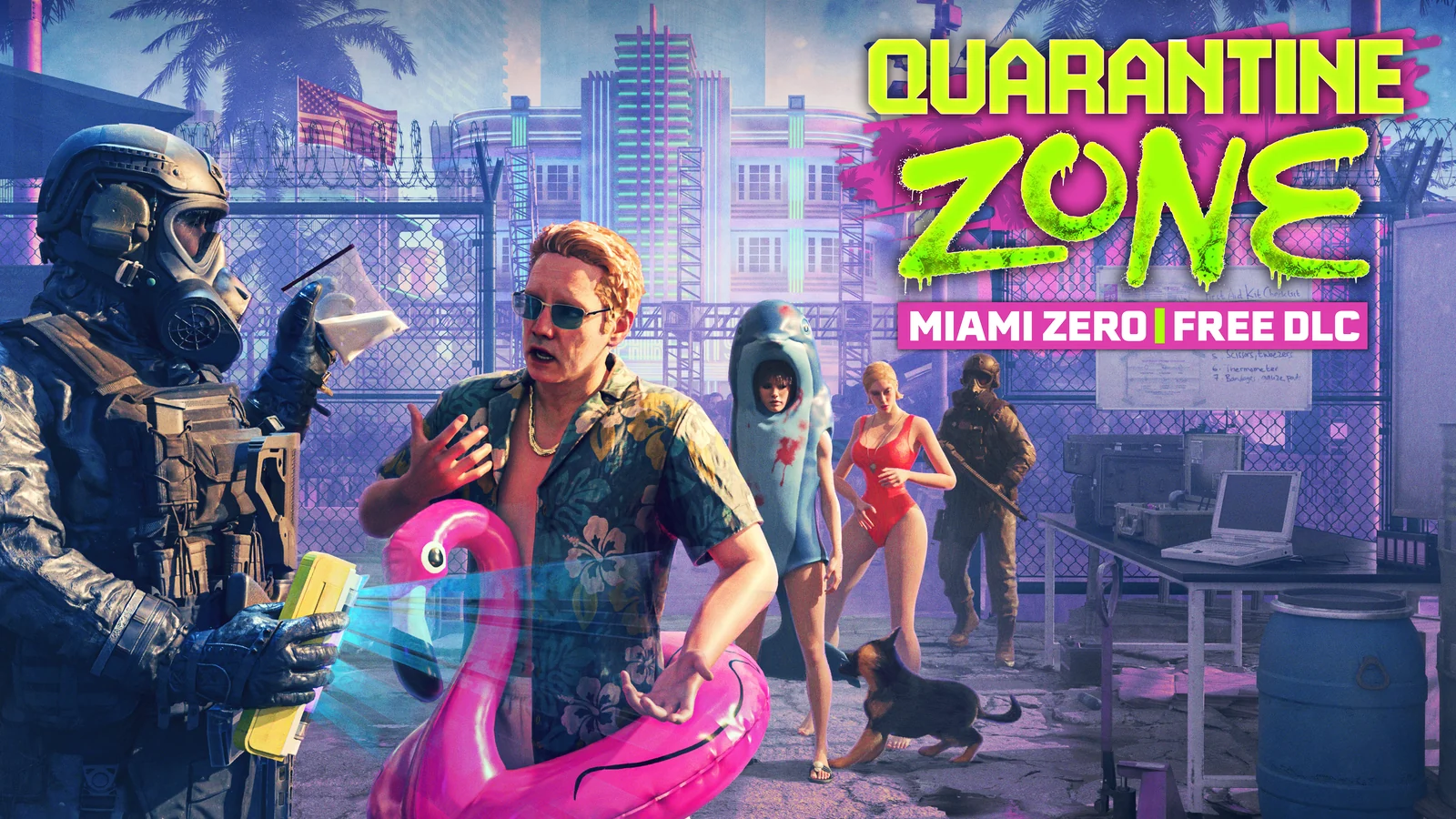 『Quarantine Zone』無料DLC「Miami Zero」のキーアート。検問官と浮き輪の男性