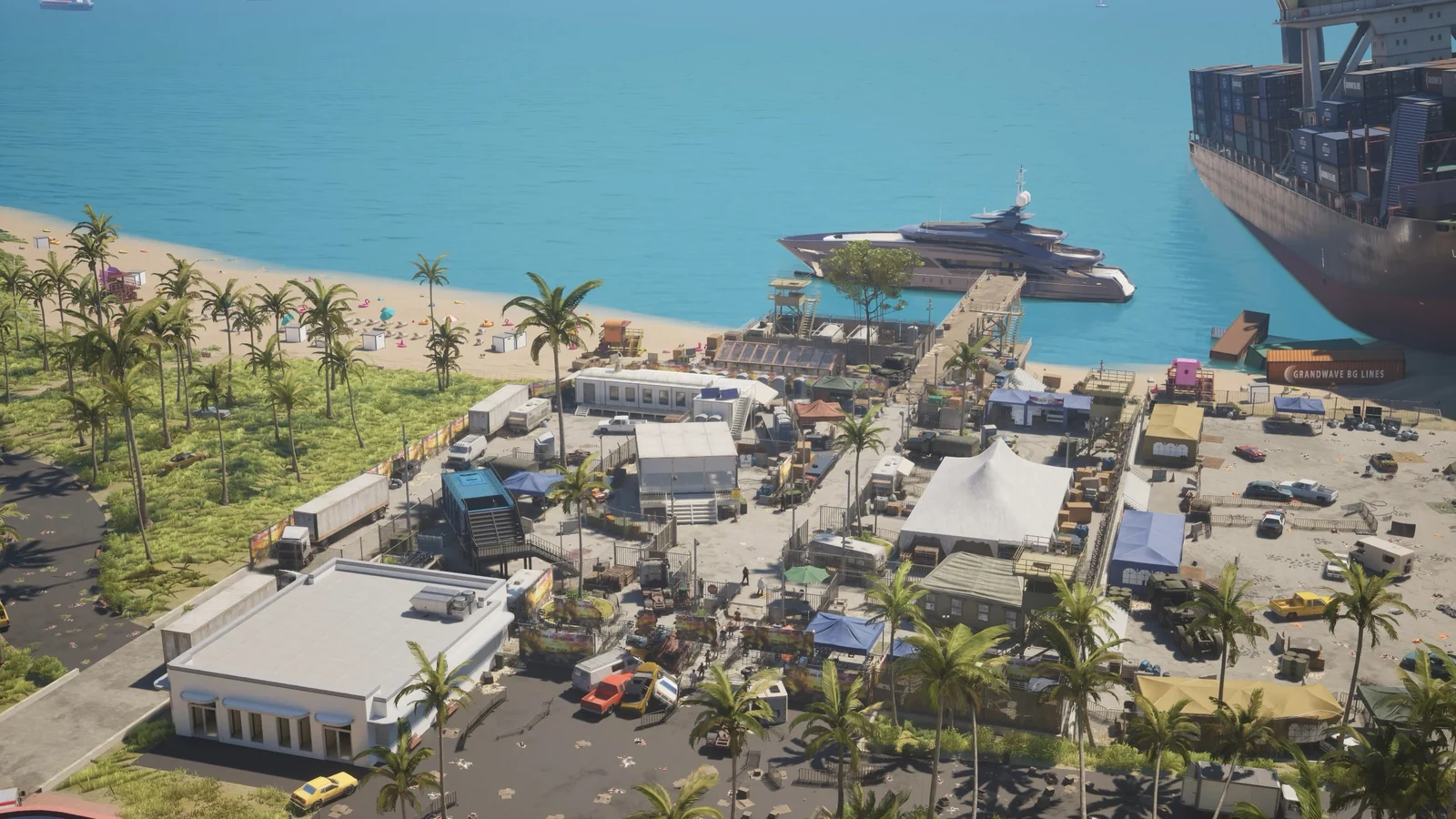 海辺の港に検問拠点やヨット、コンテナ船が見えるMiami Zeroのゲーム画面