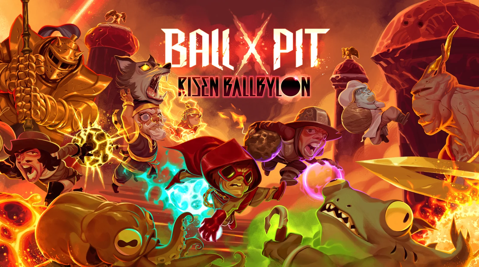 『BALL x PIT』DLC「昇天のボルビロン」のキーアート。多数のキャラクターと敵が登場