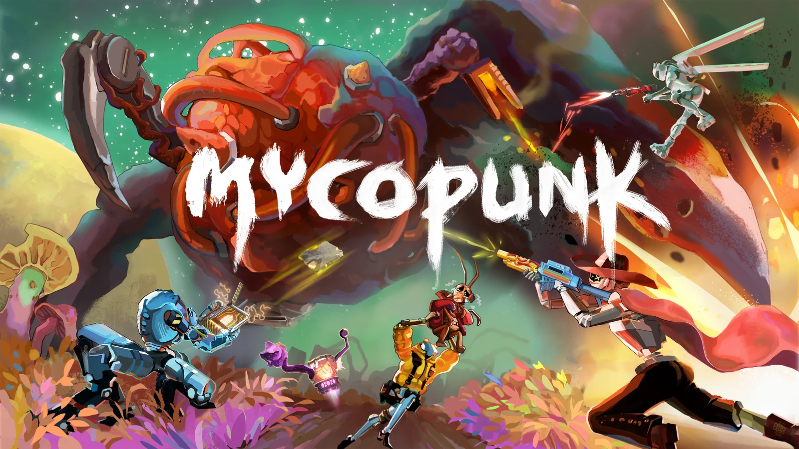 『Mycopunk』キーアート。巨大キノコの怪物とロボット隊員たちが戦う場面