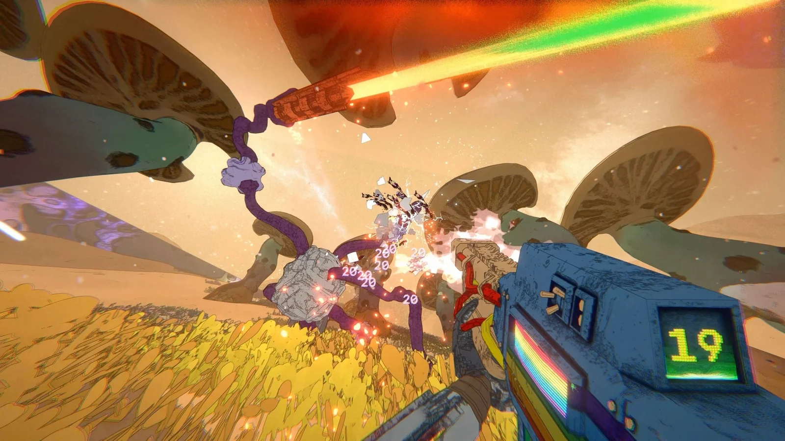 『Mycopunk』のゲーム画面。一人称視点で銃を構え、巨大キノコの敵と戦う場面