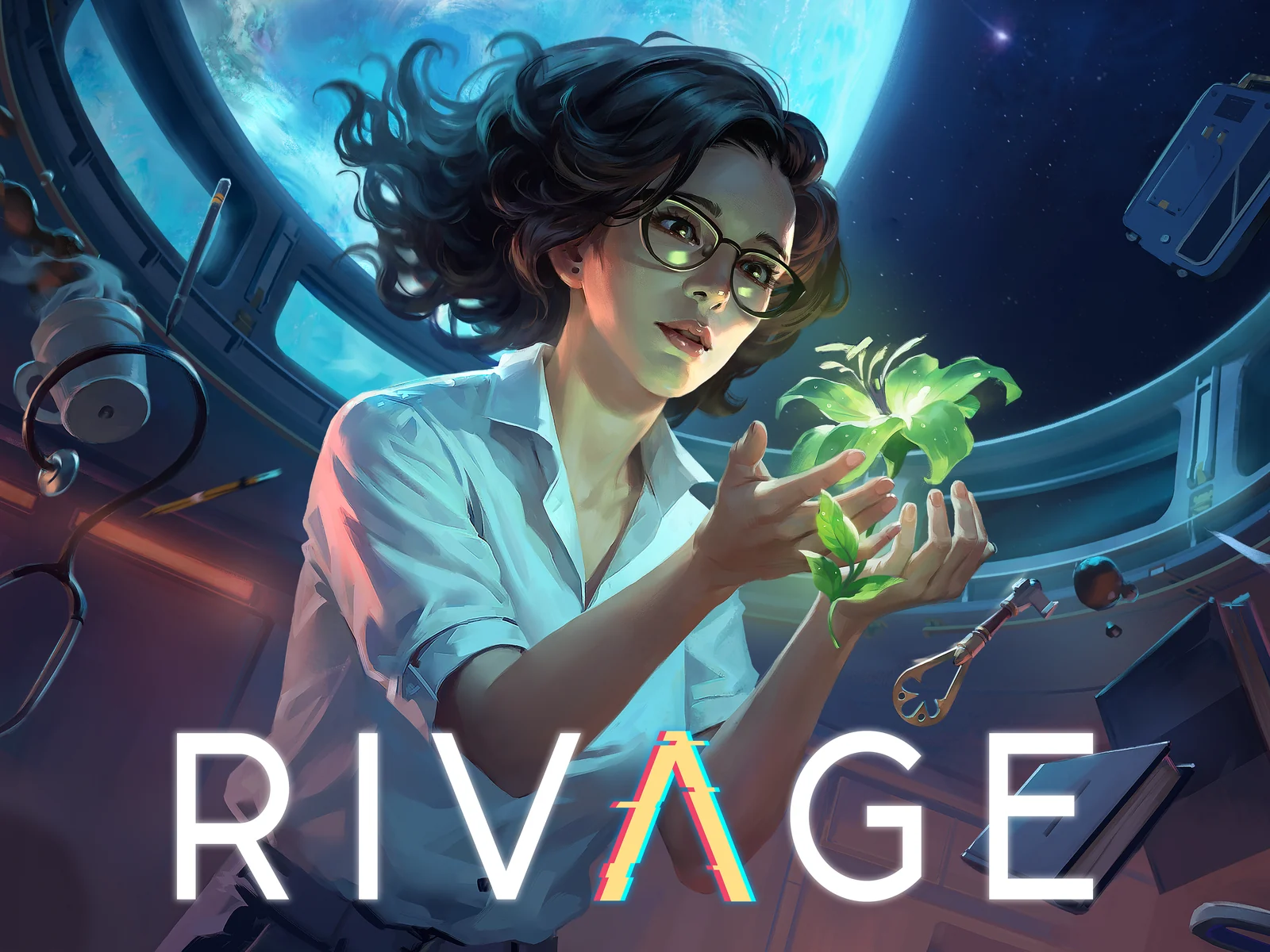 『Rivage』キーアート。宇宙ステーションで光る植物を手にする眼鏡の女性主人公
