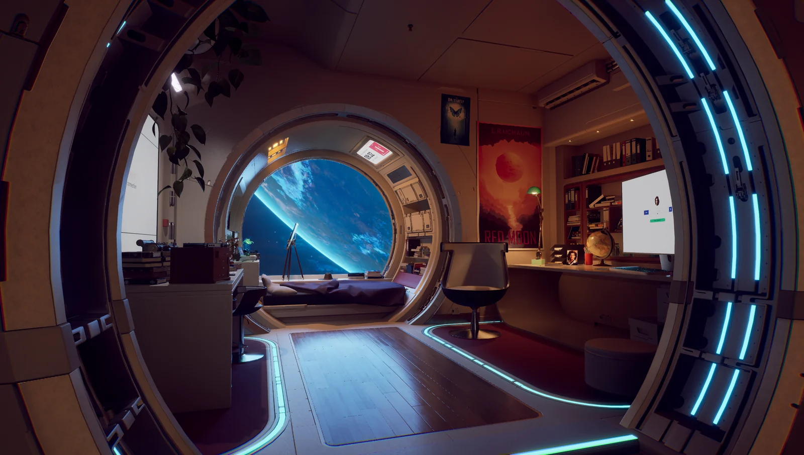 『Rivage』のスクリーンショット。丸窓から惑星が見える宇宙ステーション内の居住室