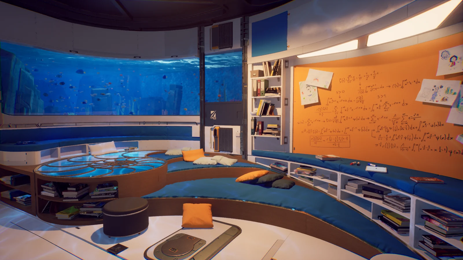 『Rivage』のゲーム画面。水中を望む窓と数式の書かれた壁がある居住スペース