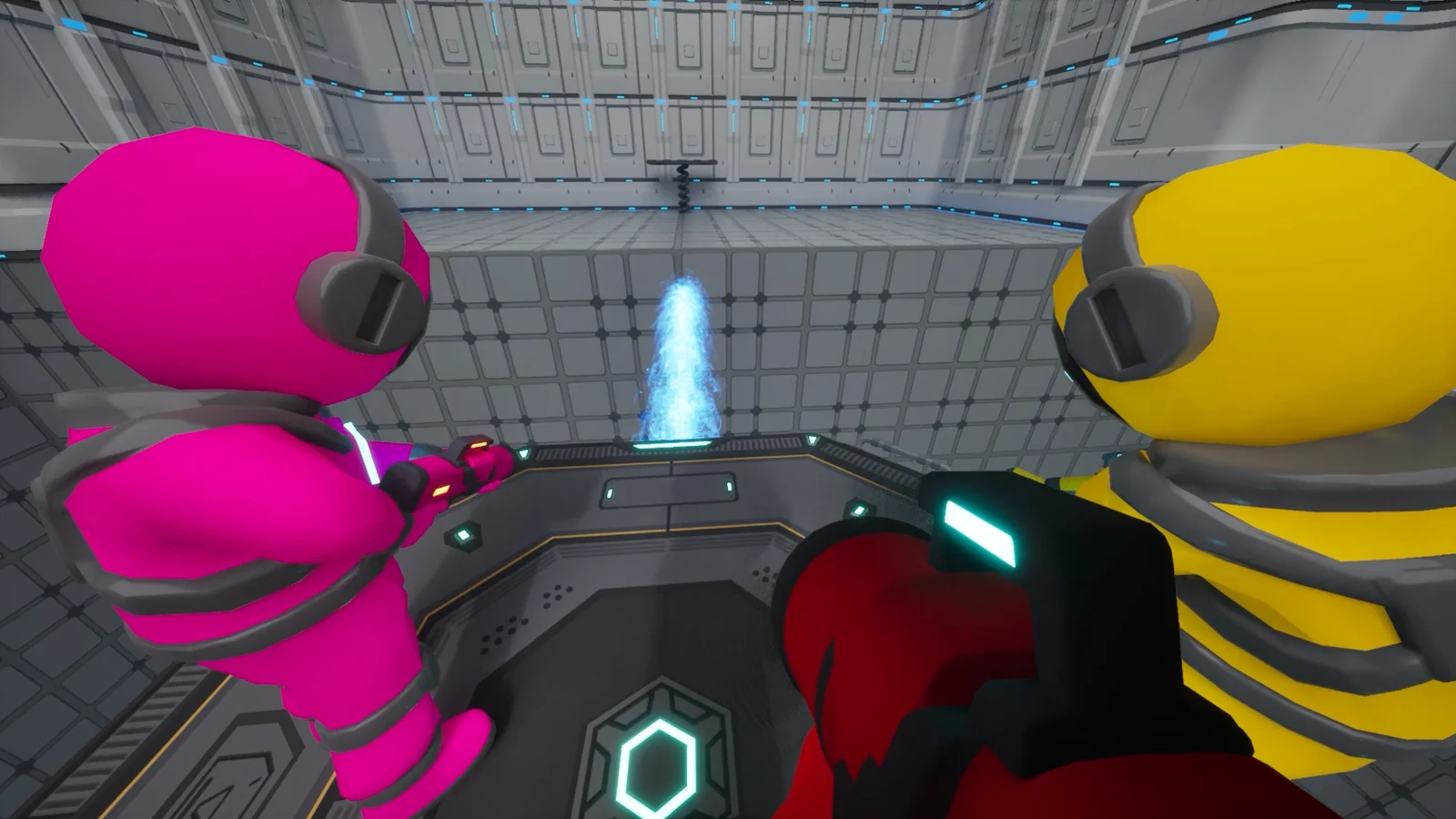 『OMG: Oh My Gravity』のスクリーンショット。宇宙服の仲間と重力場を見る場面