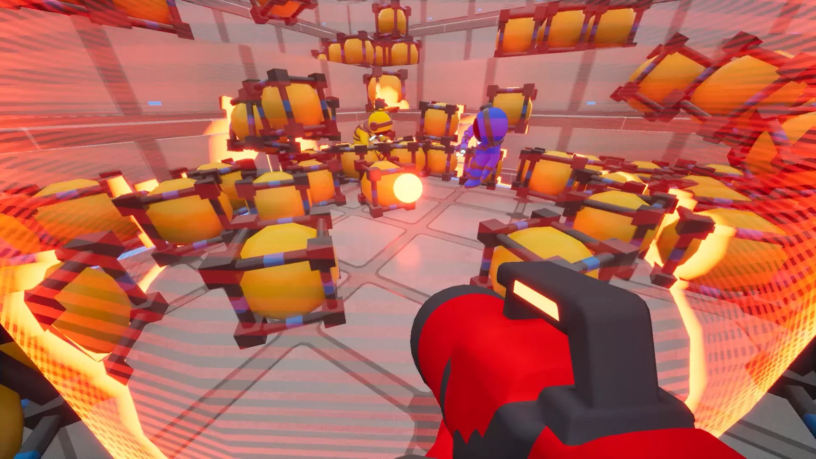 『OMG: Oh My Gravity』のゲーム画面。重力場の中に宇宙ゴミが浮かぶ一人称視点